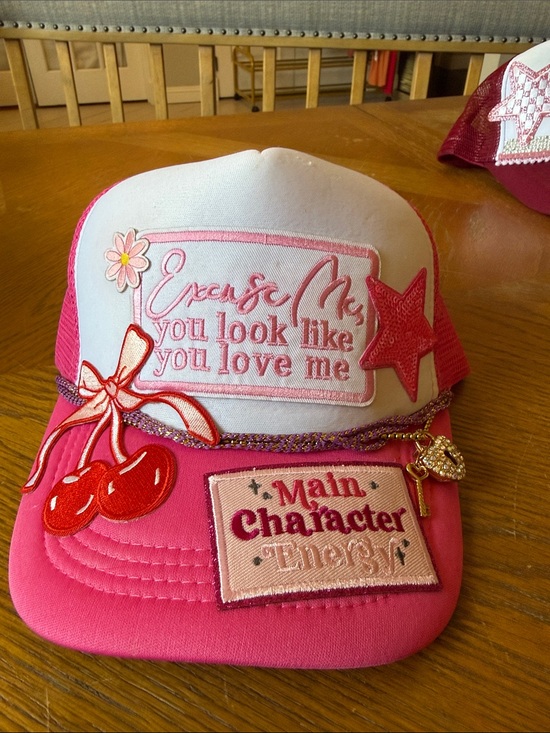 Accessories - Pink 'Main Character' Trucker Hat with Cherries “You look like you ❤️ me”